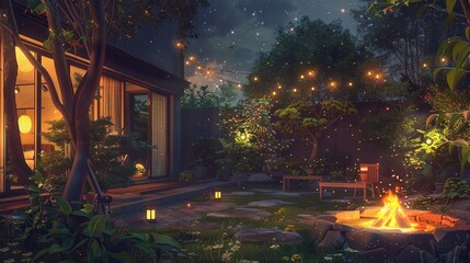 An idyllic backyard setting at night featuring a warm firepit, ambient lighting, and a clear, star-studded sky.
 Starry Night in a Peaceful Home Backyard with Firepit Lofi Anime Cartoon
