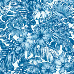 Vintage blue floral tropical seamless pattern, summer vivid flowers texture