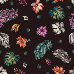 Vintage floral tropical seamless pattern, summer vivid flowers texture - 779669905