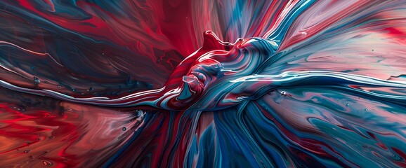 Vibrant swirls of ruby red and electric blue blend seamlessly, creating an abstract explosion of dynamic energy."