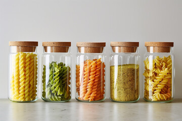 Assorted pasta in glass jars with cork lids on a table. Generative AI image