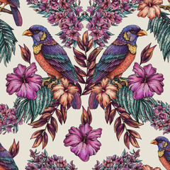 Vintage floral tropical bird seamless pattern, summer vivid flowers texture - 779669964