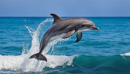 A playful dolphin soars above ocean waves, its sleek body captured mid-leap against a serene blue seascape.. AI Generation