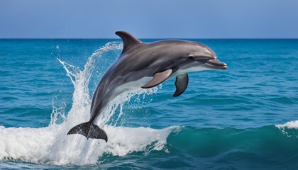 Fototapeta premium A playful dolphin soars above ocean waves, its sleek body captured mid-leap against a serene blue seascape.. AI Generation