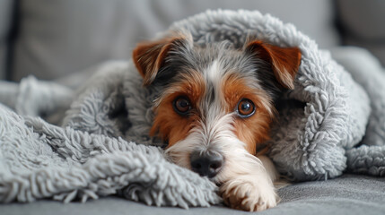 Close-up of a cute dog under a grey blanket, eyes looking towards the camera, on a soft material background, conveying companionship and comfort. Generative AI - Powered by Adobe