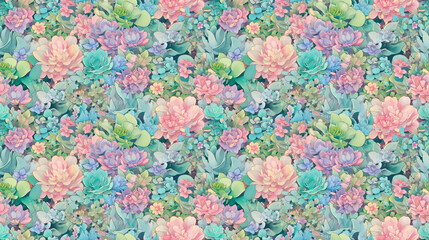 Succulent garden, soft pastels, seamless pattern