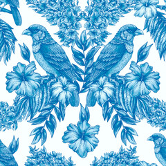 Vintage blue floral tropical bird seamless pattern, summer vivid flowers texture - 779669997