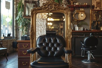 A chair sits in front of a mirror, reflecting its image with a perfectly aligned perspective, A salon chair turned towards a mirror, ready for the next client, AI Generated