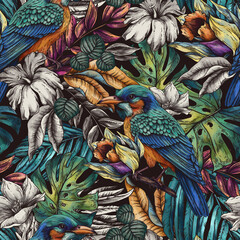 Vintage floral tropical bird seamless pattern, summer vivid flowers texture - 779670105
