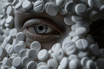 A person with a multitude of white pills arranged around their eyes in a circular pattern, A satirical representation of society's blind acceptance of prescription opioids, AI Generated