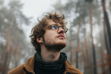 A thoughtful young man gazes upwards amidst a misty forest backdrop, a contemplative image captured by Generative AI