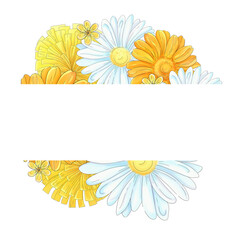 Watercolor springtime circle border, frame buckets of primroses. Dandelion, Chamomile and daisy. Romantic border. Beautiful flowers for invitation, wedding, printing, textile, greeting card
