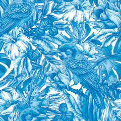 Vintage blue floral tropical bird seamless pattern, summer vivid flowers texture