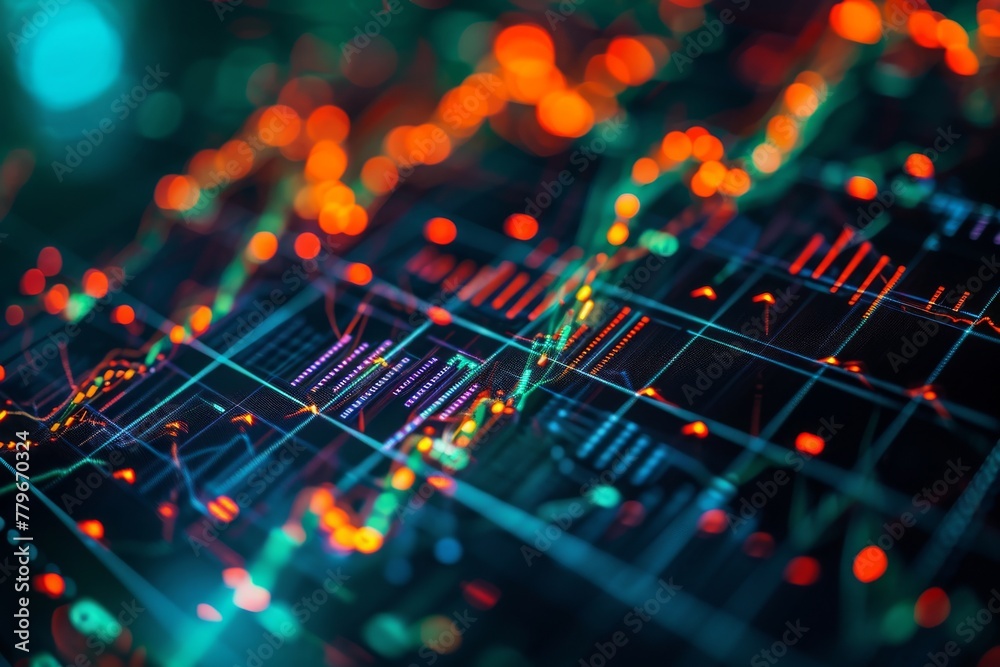 Poster a detailed view of a computer screen displaying vibrant and illuminated colors, a scatter plot showi