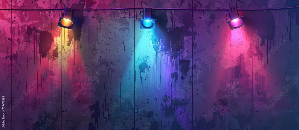 Sticker A row of colorful lights, including Purple, Violet, Magenta, and Electric blue, hang from a wire on a wooden wall, creating a fun and entertaining atmosphere in the darkness for an event or party