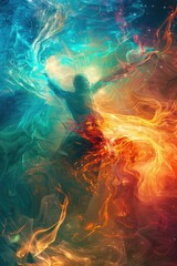Ethereal Blaze: A Surreal Figure Embraced by Swirling Cosmic Flames - obrazy, fototapety, plakaty