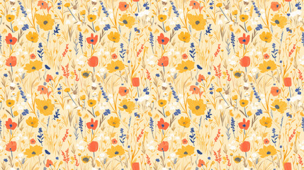 Sunrise meadow florals, bright hues of dawn, seamless landscape,