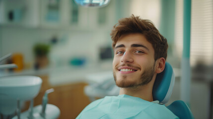 A smiling male patient in a dental chair, photo-realistic style, in a dentist's office, concept of dental care. Generative AI