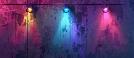 A row of colorful lights, including Purple, Violet, Magenta, and Electric blue, hang from a wire on a wooden wall, creating a fun and entertaining atmosphere in the darkness for an event or party