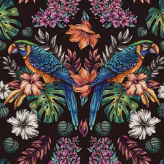 Vintage floral tropical bird parrot seamless pattern, summer vivid flowers texture - 779670390