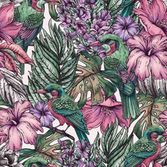 Vintage floral tropical bird seamless pattern, summer vivid flowers texture