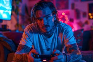 Intense gamer in a neon-lit room with tattoos. Generative AI image