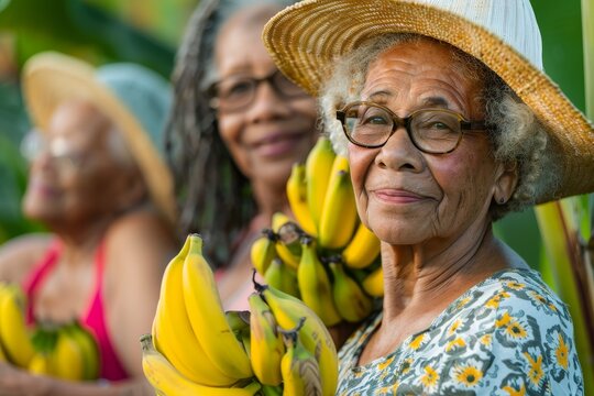 Multiracial senior women at platanera farm center woman s face holds banana bunch