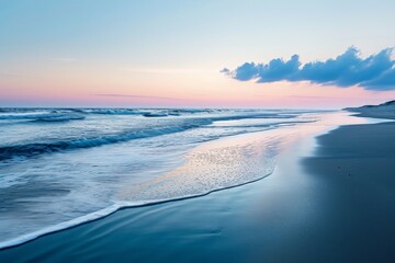 The photo captures the powerful motion of waves as they crash onto the sandy shoreline of a beach, A serene beach at dawn with pastel hues, AI Generated