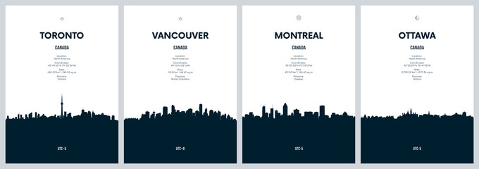 Travel vector set with city skylines Toronto, Vancouver, Montreal, Ottawa detailed city skylines minimalistic graphic artwork - obrazy, fototapety, plakaty