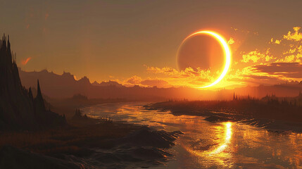The sun's edge appears serrated as it is partially obscured by the moon, casting a surreal glow...