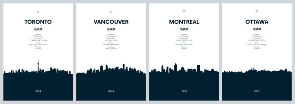 Travel vector set with city skylines Toronto, Vancouver, Montreal, Ottawa detailed city skylines minimalistic graphic artwork