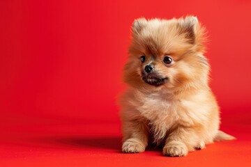 Charming Pomeranian Puppy's Portrait Against a Bold Red - Generative AI