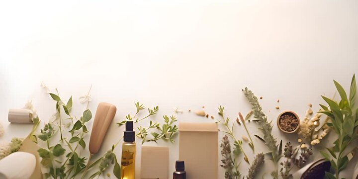 Hair cosmetic banner. Hair care card with shampoo bottle, combs, oil, hande made hair mask and herbs on white background with copy space. Soft image style. 4K Video