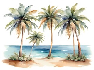 Fototapeta na wymiar Tropical Tranquility: Watercolor Palm Trees on Beach with Ocean Background