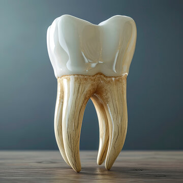 Realistic 3D render of a human molar tooth on a table. Generative AI image