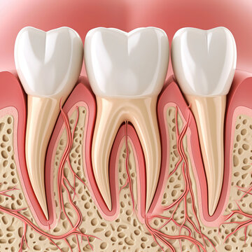 Dental anatomy illustration showing healthy teeth cross-section. Generative AI image