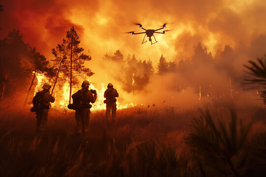 Firefighters advance through dense smoke as a drone hovers above, orchestrating aerial fire extinguishing efforts. Generative AI