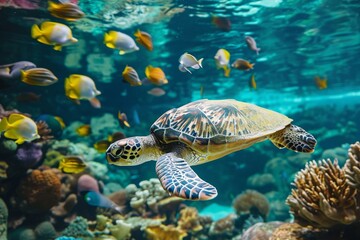 A turtle gracefully swims among a variety of fish in an aquarium, A serene sea turtle swimming among a group of colorful tropical fish, AI Generated