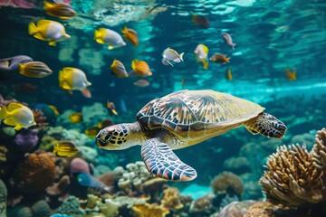 Obraz premium A turtle gracefully swims among a variety of fish in an aquarium, A serene sea turtle swimming among a group of colorful tropical fish, AI Generated