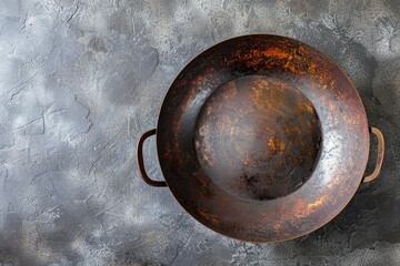 Top view of an empty Chinese iron wok on a grey table