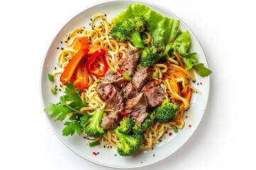 Top view of meat and vegetable noodles on a white background