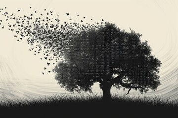 A large group of birds soar through the sky above a tall tree, creating an impressive spectacle, A silhouette of a tree with leaves made of binary numbers, AI Generated