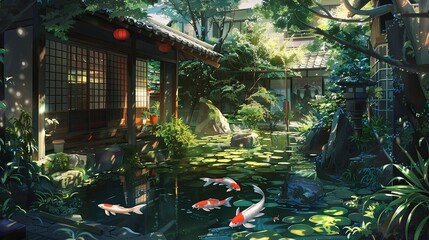 An idyllic Japanese garden with tranquil koi pond, floating lily pads, and stone lanterns, invoking a sense of harmony. 
