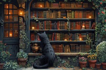 A cozy mystery bookstore run by a clever cat detective, for a mystery novel series or bookshop promotion. - obrazy, fototapety, plakaty