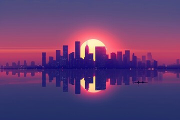 The sun slowly descends, casting a warm golden light over the towering buildings and bustling streets of a sprawling metropolis, A simplistic representation of a city skyline at dusk, AI Generated