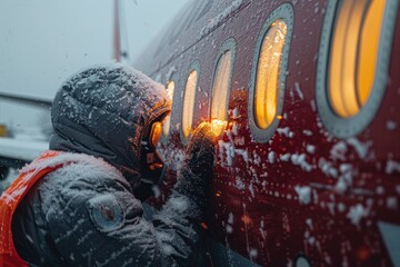 Aircraft de-icer working on a commercial airplane during a snowstorm, ensuring flight safety in extreme weather conditions. - obrazy, fototapety, plakaty