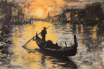 A painting depicting a man situated on a boat, navigating through the water, A sketch of an Italian gondola on the Venice canal, with distant city lights, AI Generated