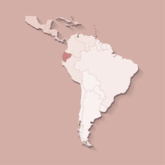 Vector illustration with South America land with borders of states and marked country Ecuador. Political map in brown colors with regions. Beige background