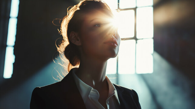 A woman is standing in front of a window with sunlight shining on her face. She is wearing a suit and tie, and her hair is pulled back in a bun. Concept of professionalism and confidence