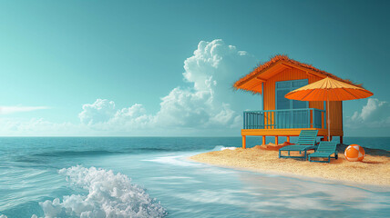 A beach scene with a blue and orange house and a blue umbrella. The house is in a small cove, 